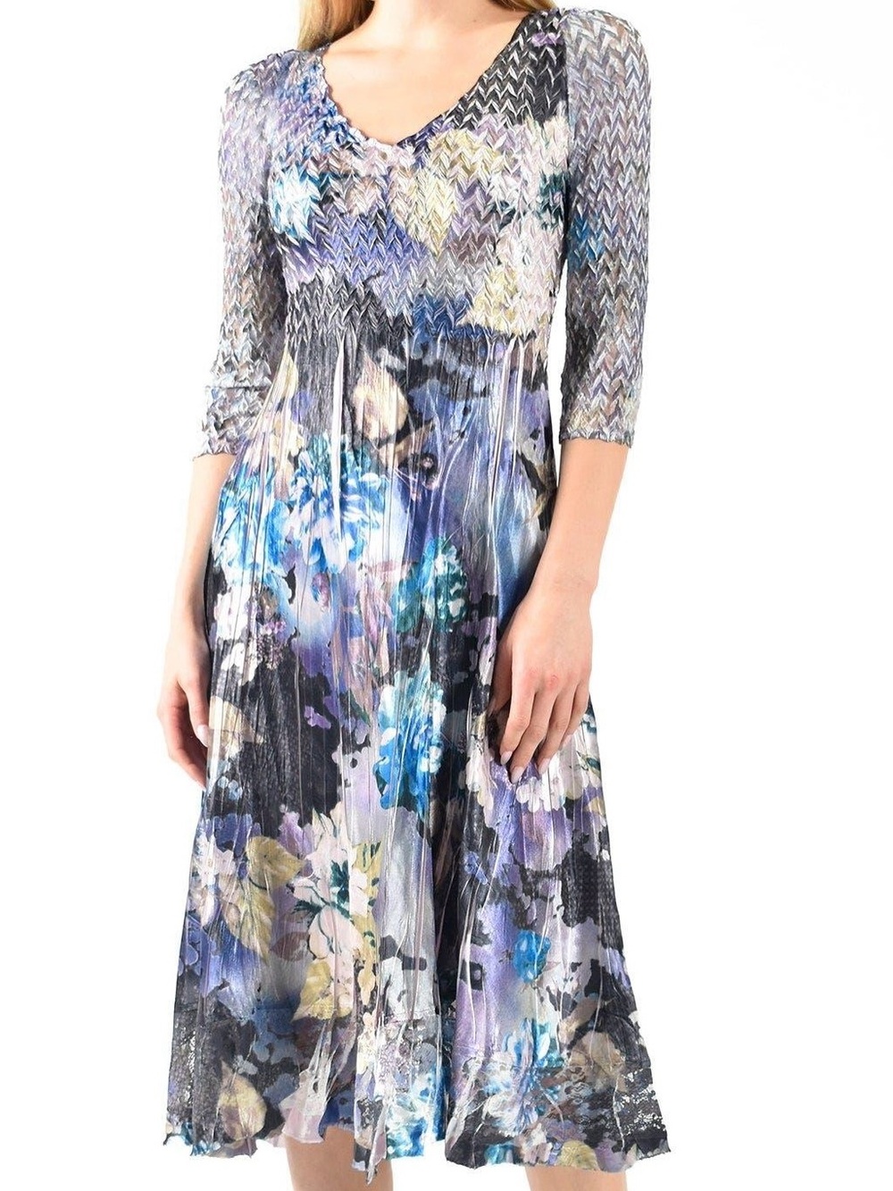 Komarov Floral Pleated Charmeuse Lace Midi Dress